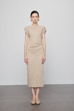 Max Simple Khaki Quiet Luxury Minimalist Midi Flutter Pleated Waist Dress XS